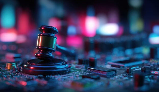 A gavel rests on a circuit board, symbolizing legal tech and the intersection of law and technology.