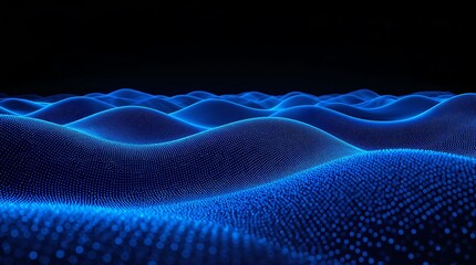 Abstract blue wave background with glowing particles and dark backdrop