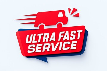 Vibrant red and blue graphic with a speeding truck and text announcing ultra fast service for quick delivery and express shipping