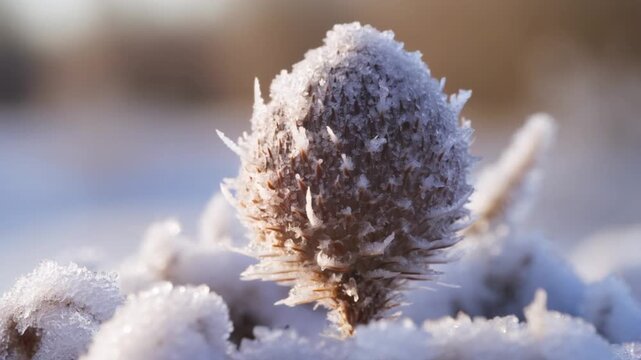 A macro shot of a frost-covered burdock plant. Transforms a common weed into a stunning, spiky white sculpture of winter.