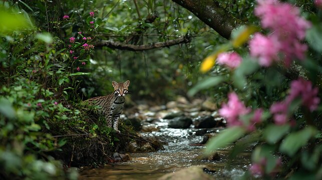 Margay cat near a stream in a lush green forest with pink flowers and dense foliage in the background