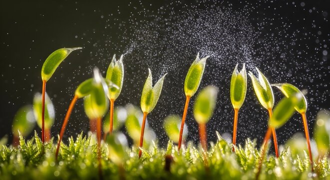 Macro shot of moss sporophytes with water droplets in soft focus and dark background - Powered by Adobe