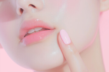 ピンクの背景で撮影された女性の唇と頬のクローズアップ。透明感のある肌と自然な血色が美しく、スキンケアやコスメ、ビューティー広告に最適なイメージ。