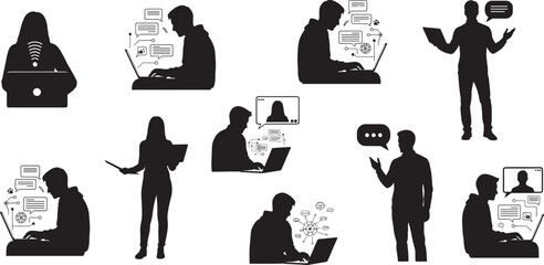 Silhouette people using laptops and tablets, digital communication, remote work, video call, chat, presentation, technology interaction, online learning, modern people using laptops and tablets, 