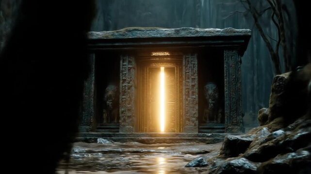 A golden door glows within an ancient, moss-covered stone structure in a dark forest