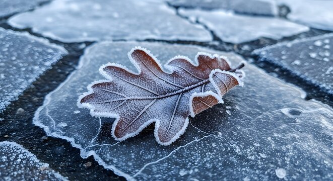 Frost-covered oak leaf resting on a frosty, textured pavement surface in a winter scene. - Powered by Adobe