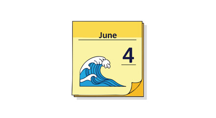 Stylized Calendar Page Depicting June 4th with a Cartoonish Ocean Wave Illustration for Summer Vacations and Nautical Themes