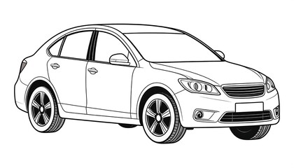 Fototapeta premium Line art illustration of a generic sedan, front three-quarter view