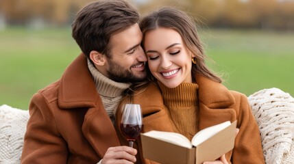 Couple walking in park on a cozy couch, wearing wool coats, surrounded by a book and candle, lit with soft daylight, captured in close-up, styled as soft autumn aesthetic, with warm brown tones