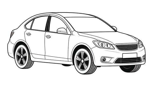 Line art illustration of a generic sedan, front three-quarter view