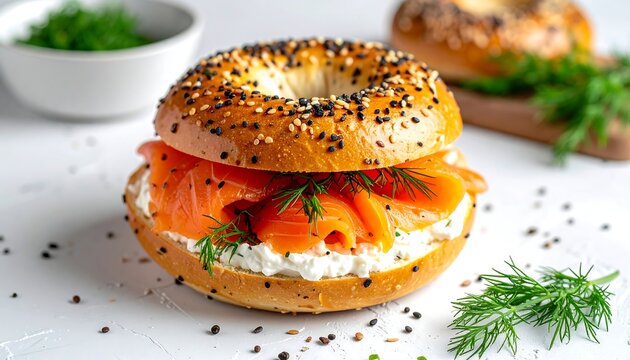 Delicious bagel sandwich filled with cream cheese and smoked salmon