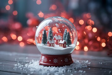 Magical christmas snow globe with miniature village and snow covered trees on a wooden surface with festive bokeh lights
