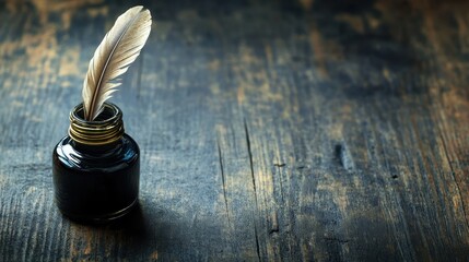 Beautiful quill in ink bottle on rustic wooden table during soft lighting