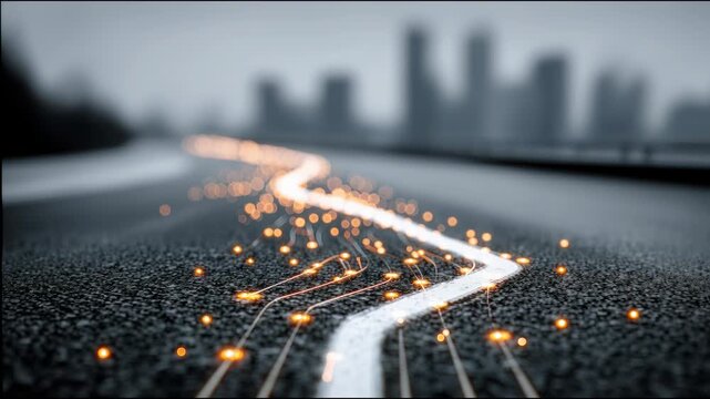 Futuristic road with illuminated pathway representing ai process efficiency roadmap and innovation in technology design. AI Process Efficiency Pathway &ndash; Animated Video Version