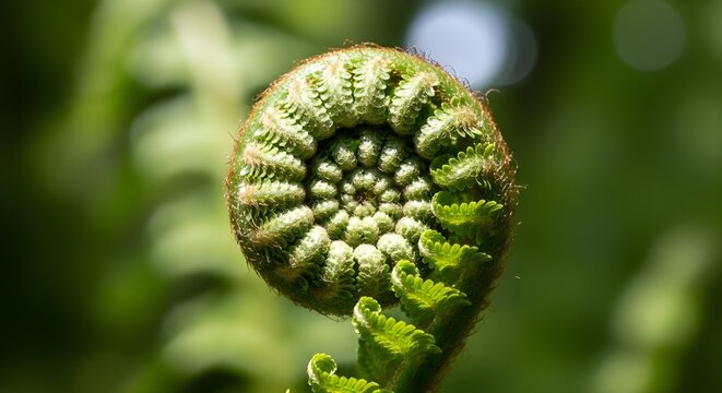 Close-up of a fiddlehead fern unfurling, showcasing nature's spiral growth and spring renewal.