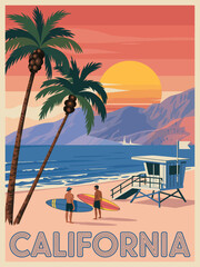 Fototapeta premium California Beach Lifeguard House Retro Poster Vector for Vintage Coastal Wall Art, Home Decor, and Surf-Inspired Interior Design Prints