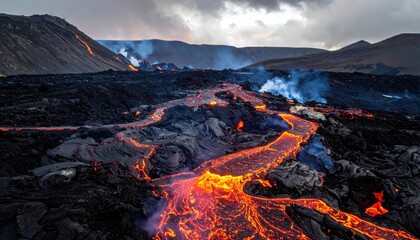 Molten river flowing through black, rocky landscape with mountains