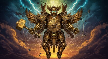 Mechanical deity figure clad in ornate golden armor wielding a large hammer against a stormy backdrop