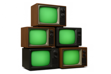 Stack of retro televisions with green screens, displaying vintage broadcast technology and media content on transparent background