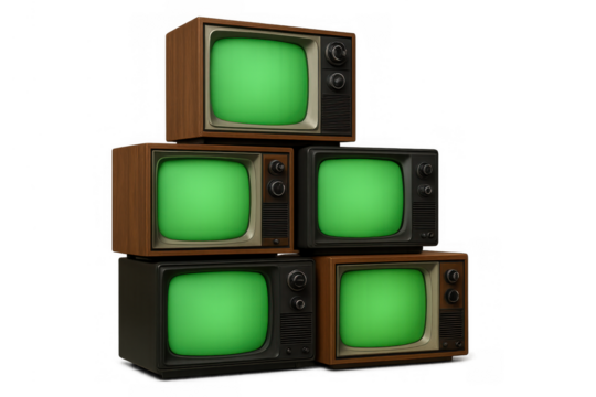 Stack of retro televisions with green screens, displaying vintage broadcast technology and media content on transparent background