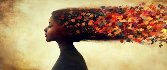 Conceptual portrait of a woman with hair dissolving into floating autumn leaves - Powered by Adobe