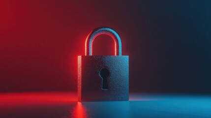 Fototapeta premium Secure padlock with red and blue lighting on a dark background symbolizes safety and protection