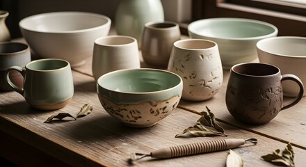 Rustic handmade pottery collection with earthy tones and textures evokes a sense of comfort, perfect for lifestyle blogs or kitchenware promotions