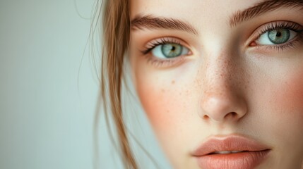Fototapeta premium Captivating close-up of a young woman showcasing natural beauty with striking green eyes and soft features