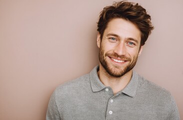 Obraz premium A handsome man with a beard smiles brightly, showcasing white teeth, wearing a gray polo shirt, and looking directly at the camera.
