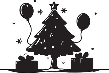 A bright cartoon illustration of a birthday party set with a party hat and balloons, incorporating holiday design elements like a star and snowflakes for a festive celebration card