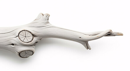 Weathered white driftwood branch with knot isolated on white background