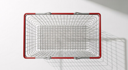 Top view of an empty red metal shopping basket isolated on white background