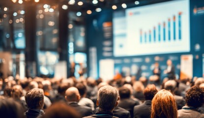 A large audience attends a business conference, with a presentation displayed on a screen in front.