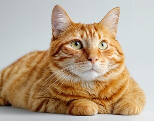 Orange tabby cat lying down on a white surface with a neutral background, looking calm and relaxed with bright green eyes and soft fur, isolated studio shot high resolution.