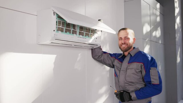 Professional Technician Installing And Repairing Air Conditioning