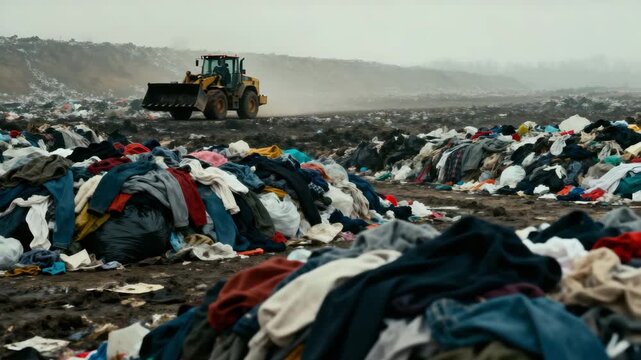 Environmental impact of textile waste at a landfill site showcasing discarded clothing and machinery