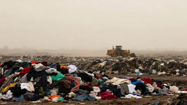 Overwhelming Waste: A Haunting View of a Clothing Landfill with Heavy Machinery