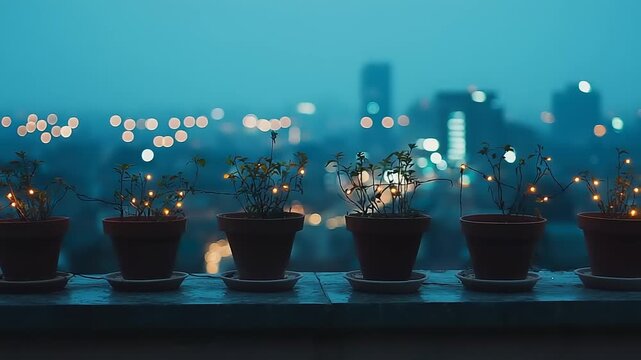 Row of potted plants adorned with tiny string lights overlooking blurry city lights at dusk