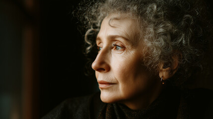 Portrait of an elderly woman with gray curly hair looking thoughtful. Concept of aging, contemplation, wisdom, loneliness, and life experience.