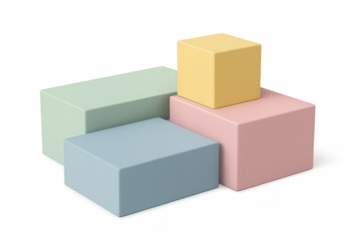 Pastel geometric blocks arrangement creating a minimal product display podium with a transparent background