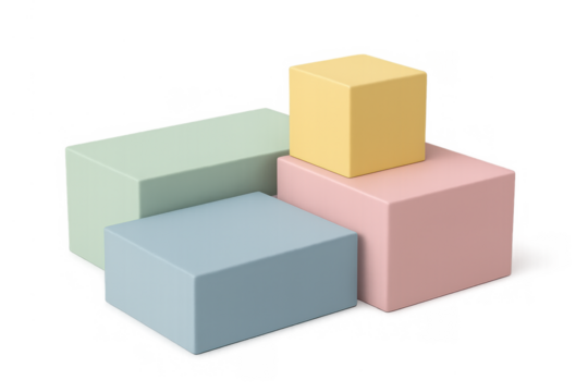 Pastel geometric blocks arrangement creating a minimal product display podium with a transparent background