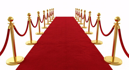 A long red carpet with gold stanchions and ropes leading into the distance, isolated on white background