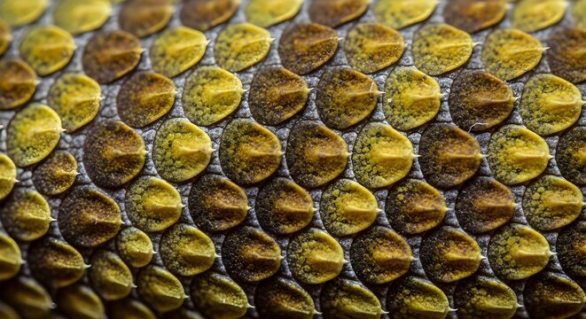 Detailed macro shot of reptile scales showing yellow and brown patterns, perfect for backgrounds or nature-themed designs.