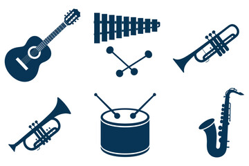 Fototapeta premium Collection of Blue Musical Instrument Icons — Perfect for Music App Design, Educational Materials, Sheet Music Illustrations, Poster Graphics, Social Media Content, and Digital Marketing Assets