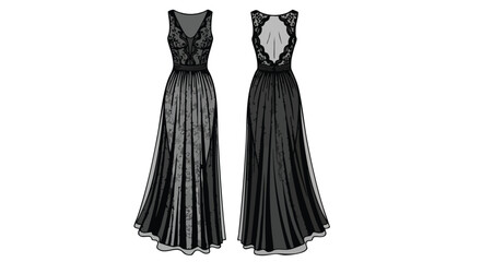 Elegant Long Black Dress Design Sketch with Lace Details for Fashion Illustrations and Evening Wear Concepts