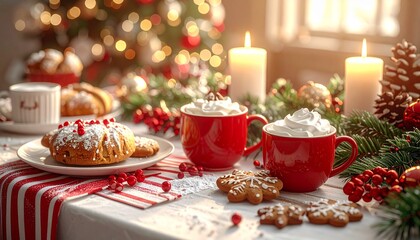 Fototapeta premium Cozy Christmas Table Setting with Hot Chocolate Whipped Cream, Cookies, and Candlelight. 