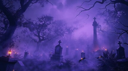 Spooky graveyard in purple fog with glowing candles - Powered by Adobe