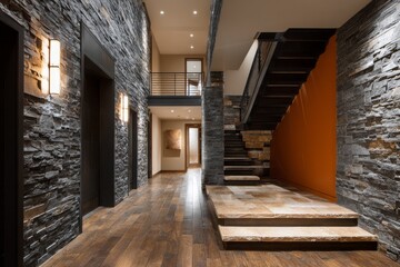 Obraz premium Modern hallway with stone walls, wooden floor and stairs.