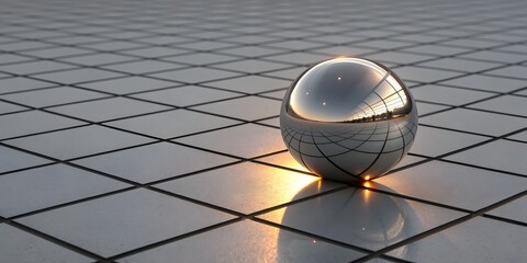 A perfect metallic sphere reflecting a grid pattern and warm light on a tiled surface.