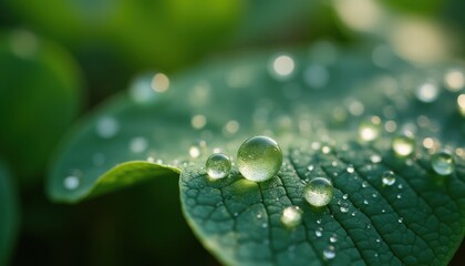 Water droplets resting on leaf under serene daylight
